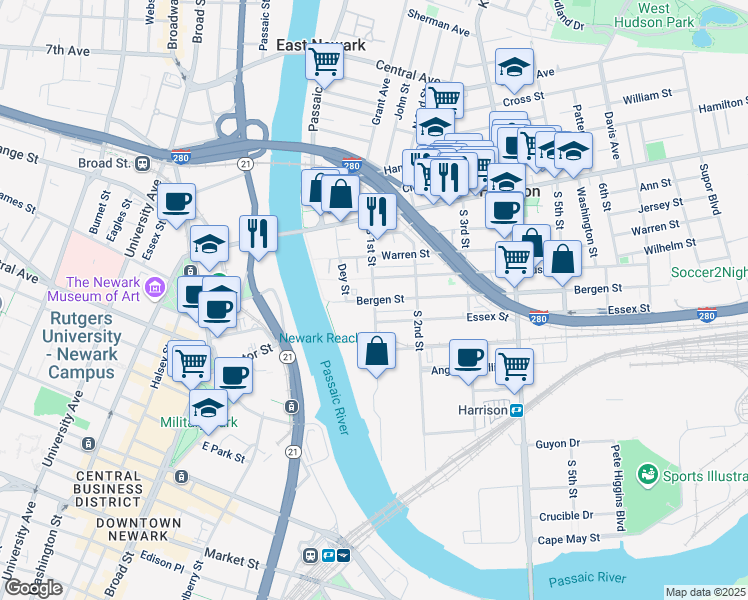 map of restaurants, bars, coffee shops, grocery stores, and more near 106 Bergen Street in Harrison