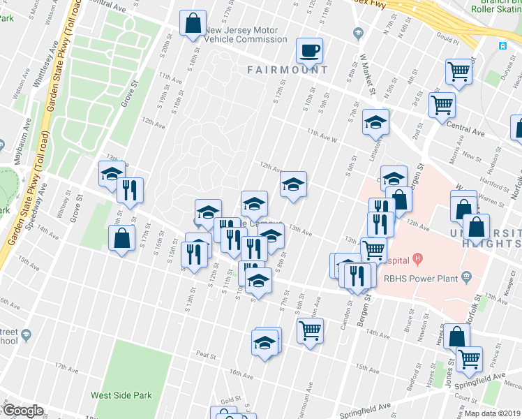 map of restaurants, bars, coffee shops, grocery stores, and more near 327 South 11th Street in Newark
