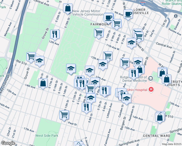 map of restaurants, bars, coffee shops, grocery stores, and more near 327 South 11th Street in Newark