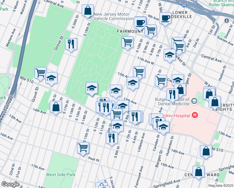 map of restaurants, bars, coffee shops, grocery stores, and more near 327 South 11th Street in Newark