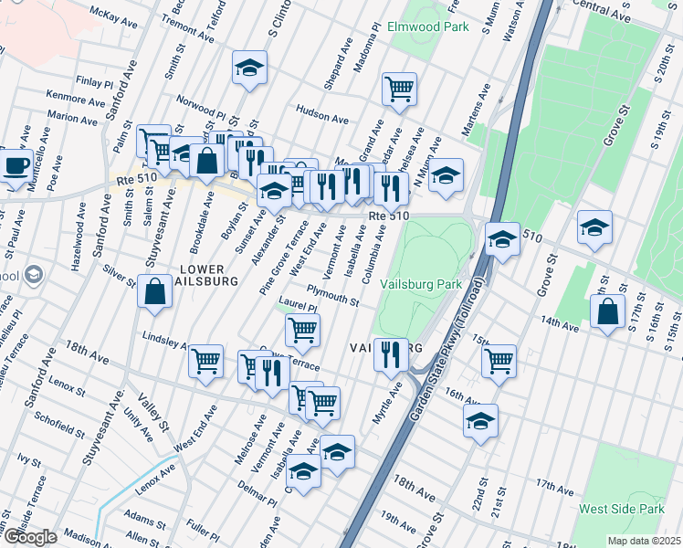 map of restaurants, bars, coffee shops, grocery stores, and more near 62 Vermont Avenue in Newark