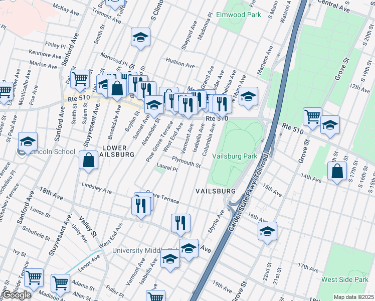 map of restaurants, bars, coffee shops, grocery stores, and more near 62 Vermont Avenue in Newark