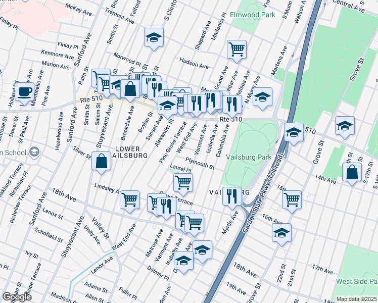 map of restaurants, bars, coffee shops, grocery stores, and more near 62 Vermont Avenue in Newark