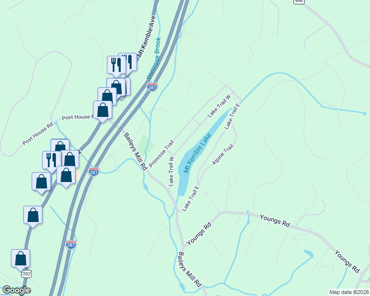 map of restaurants, bars, coffee shops, grocery stores, and more near 32 Lake Trail West in Morristown