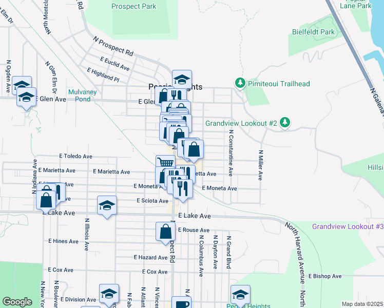 map of restaurants, bars, coffee shops, grocery stores, and more near 1327 East Kelly Avenue in Peoria Heights