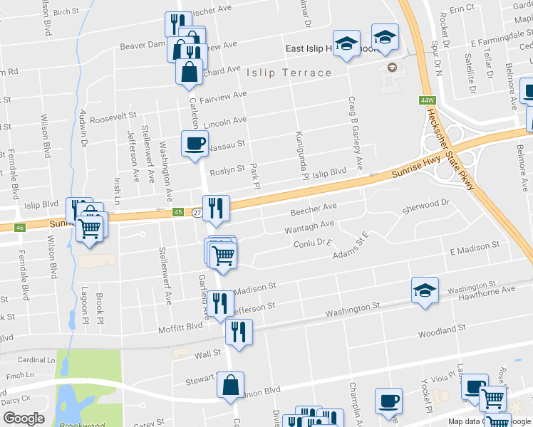 map of restaurants, bars, coffee shops, grocery stores, and more near 33 Beecher Avenue in East Islip