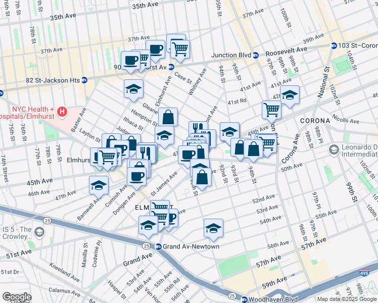 map of restaurants, bars, coffee shops, grocery stores, and more near 90-18 43rd Avenue in Queens