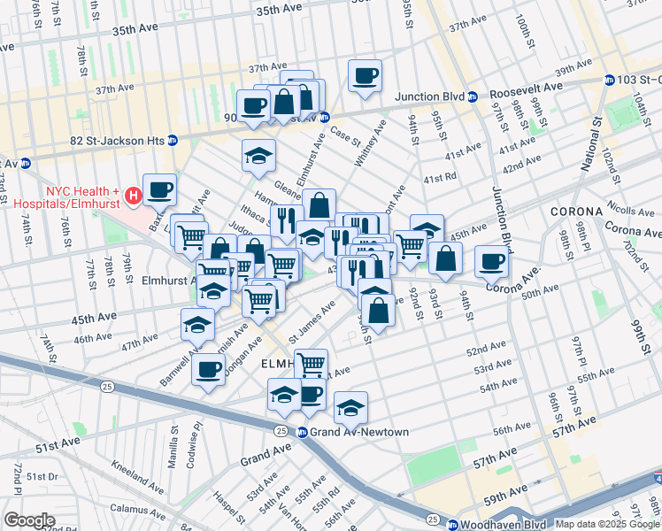 map of restaurants, bars, coffee shops, grocery stores, and more near 89-11 43rd Avenue in Queens