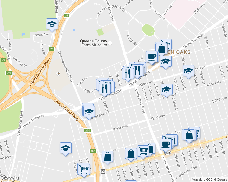 map of restaurants, bars, coffee shops, grocery stores, and more near 77-48 250th Street in Queens