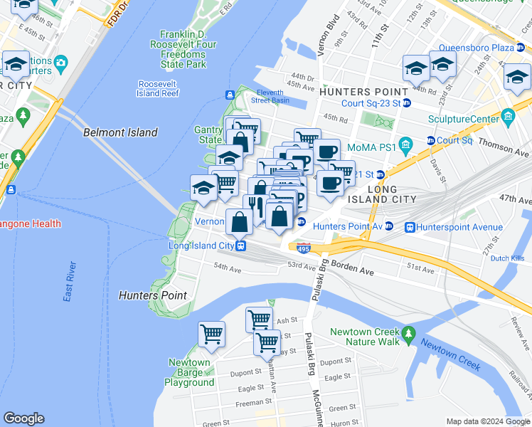 map of restaurants, bars, coffee shops, grocery stores, and more near 5-38 50th Avenue in Queens