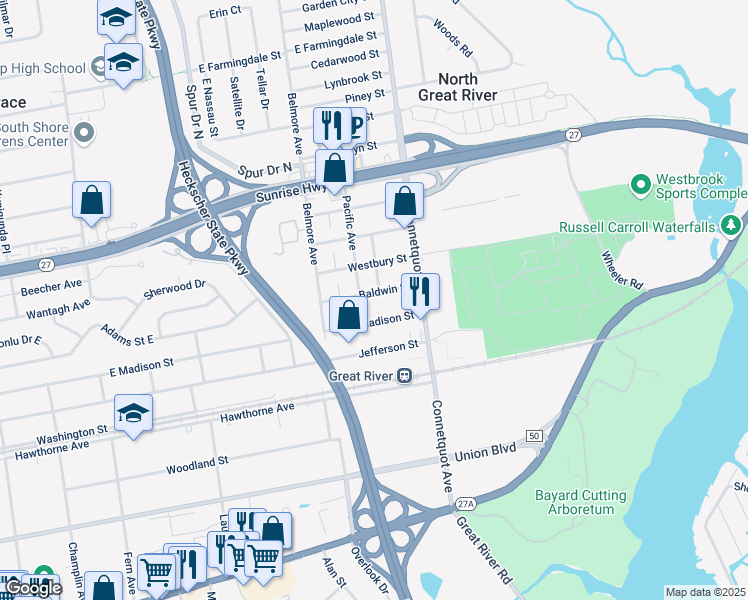 map of restaurants, bars, coffee shops, grocery stores, and more near 44 Baldwin Street in East Islip