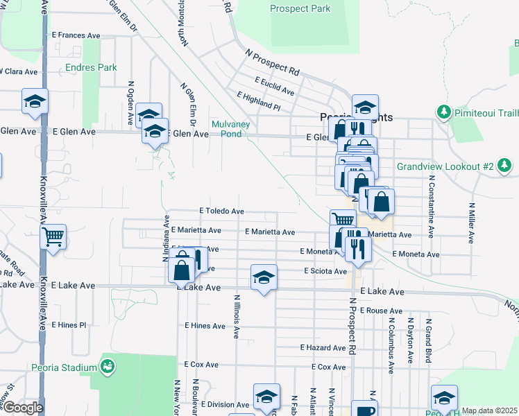 map of restaurants, bars, coffee shops, grocery stores, and more near 903 East Toledo Avenue in Peoria Heights