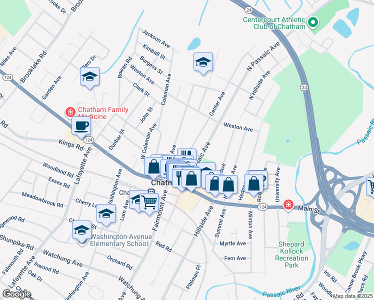 map of restaurants, bars, coffee shops, grocery stores, and more near 61 Center Street in Chatham Township