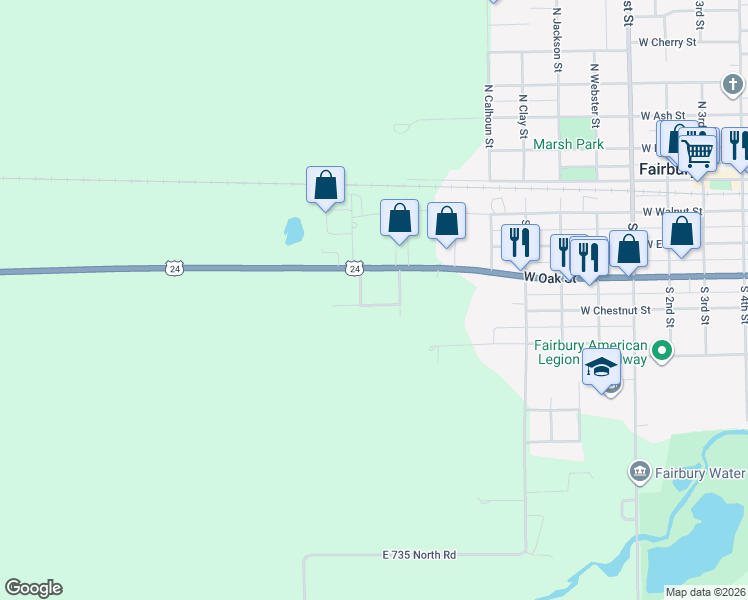 map of restaurants, bars, coffee shops, grocery stores, and more near 24 4r Drive in Fairbury
