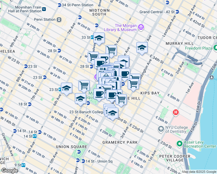 map of restaurants, bars, coffee shops, grocery stores, and more near 51 Madison Avenue in New York