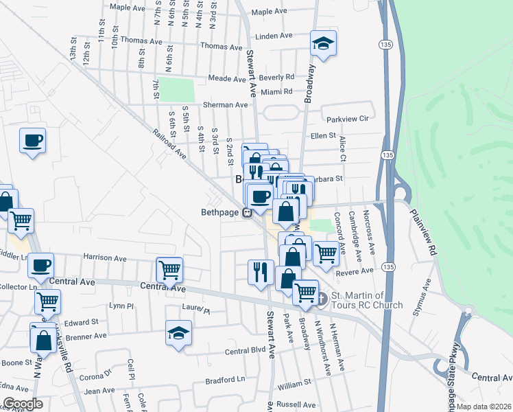 map of restaurants, bars, coffee shops, grocery stores, and more near 515 Stewart Avenue in Bethpage