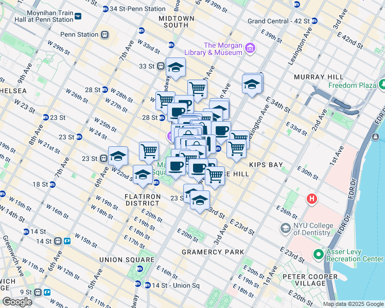 map of restaurants, bars, coffee shops, grocery stores, and more near 51 Madison Avenue in New York