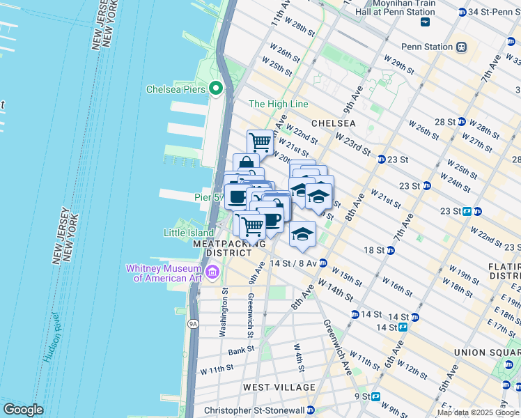 map of restaurants, bars, coffee shops, grocery stores, and more near 431 West 16th Street in New York