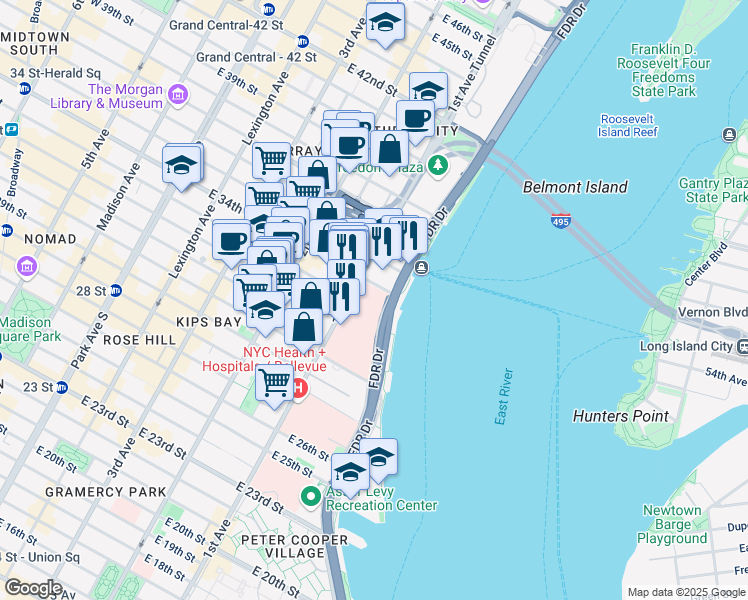map of restaurants, bars, coffee shops, grocery stores, and more near 424 East 34th Street in New York