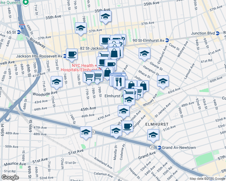 map of restaurants, bars, coffee shops, grocery stores, and more near 42-15 81st Street in Queens