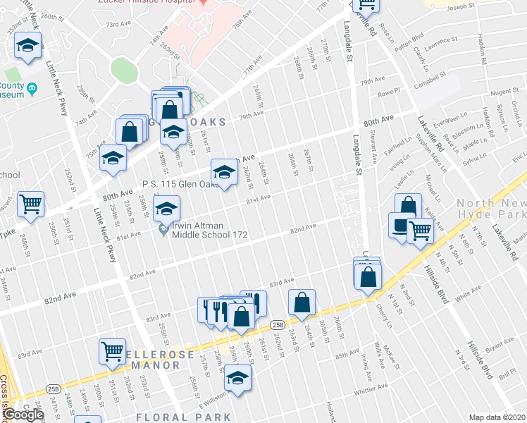 map of restaurants, bars, coffee shops, grocery stores, and more near 81-19 263rd Street in Queens