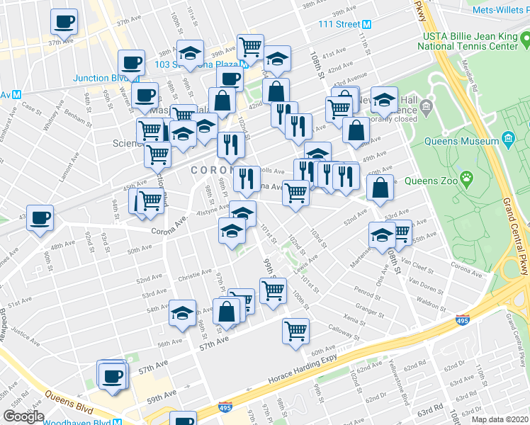 map of restaurants, bars, coffee shops, grocery stores, and more near 50-18 102nd Street in Queens