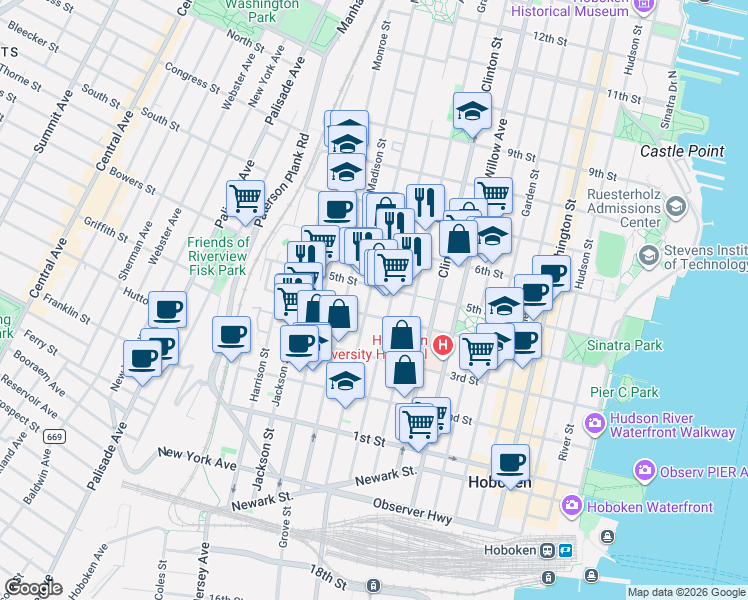 map of restaurants, bars, coffee shops, grocery stores, and more near 410 Jefferson Street in Hoboken