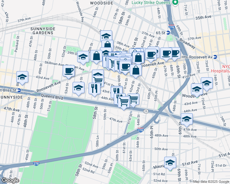 map of restaurants, bars, coffee shops, grocery stores, and more near 5857 43rd Avenue in Queens