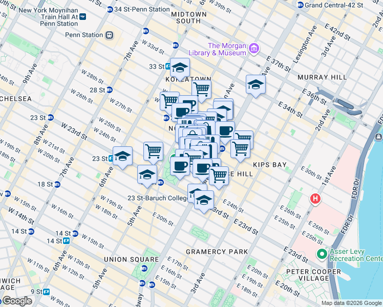map of restaurants, bars, coffee shops, grocery stores, and more near 51 Madison Avenue in New York