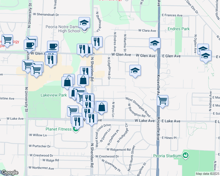map of restaurants, bars, coffee shops, grocery stores, and more near 506 West Lakewood Avenue in Peoria