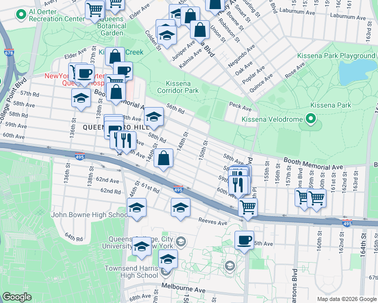 map of restaurants, bars, coffee shops, grocery stores, and more near 148-2 58th Road in Queens