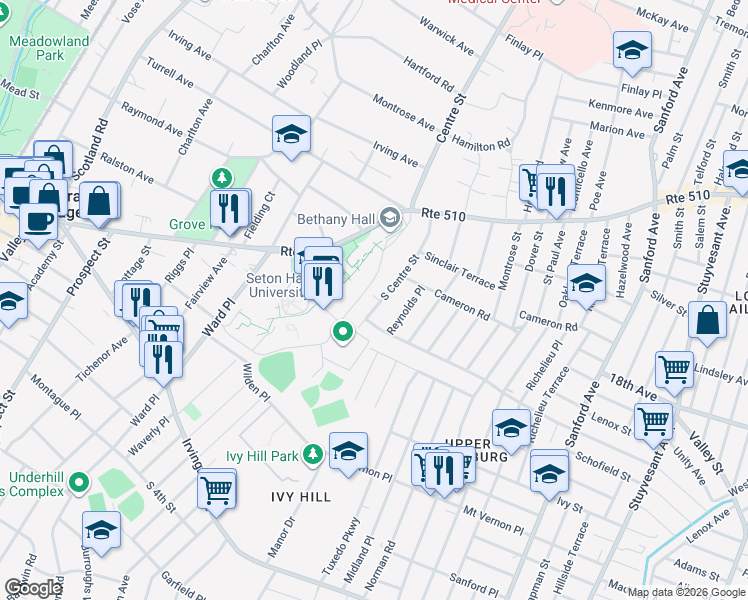 map of restaurants, bars, coffee shops, grocery stores, and more near 133 South Centre Street in South Orange