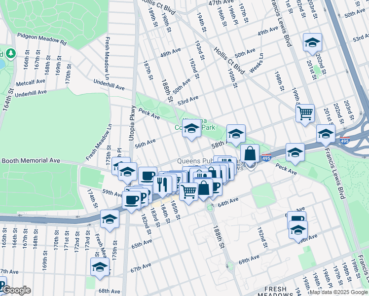 map of restaurants, bars, coffee shops, grocery stores, and more near 56-40 188th Street in Queens