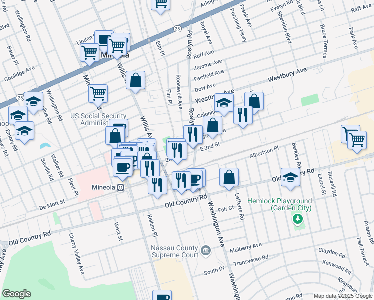 map of restaurants, bars, coffee shops, grocery stores, and more near 94 2nd Street in Mineola