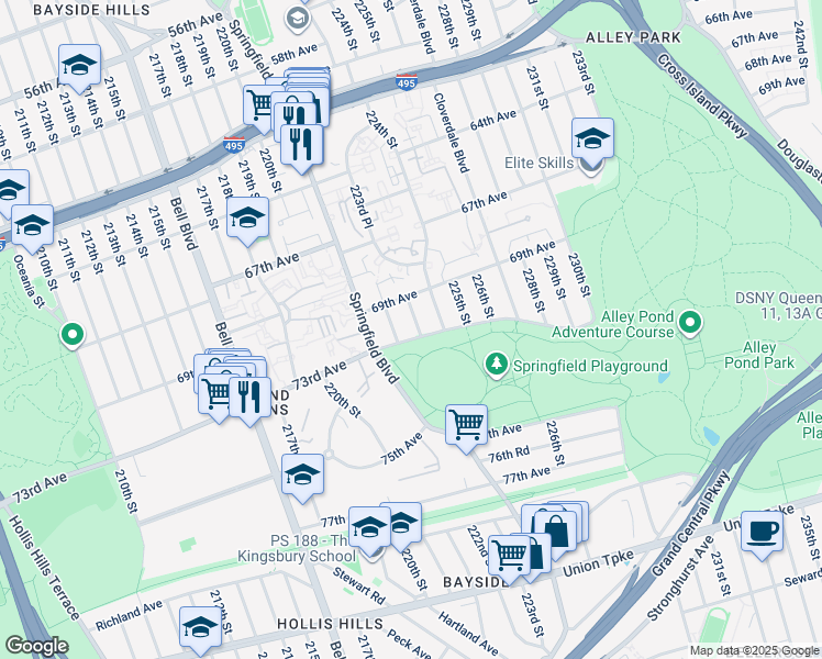 map of restaurants, bars, coffee shops, grocery stores, and more near 69-32 223rd Street in Queens