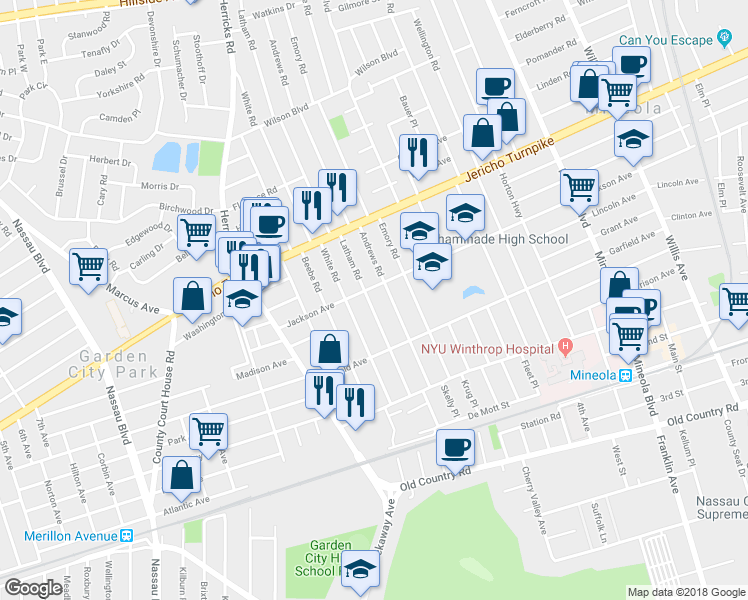map of restaurants, bars, coffee shops, grocery stores, and more near 212 Latham Road in Mineola