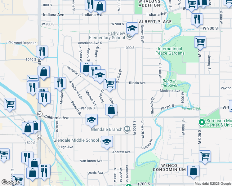 map of restaurants, bars, coffee shops, grocery stores, and more near 1188 South 1300 West in Salt Lake City