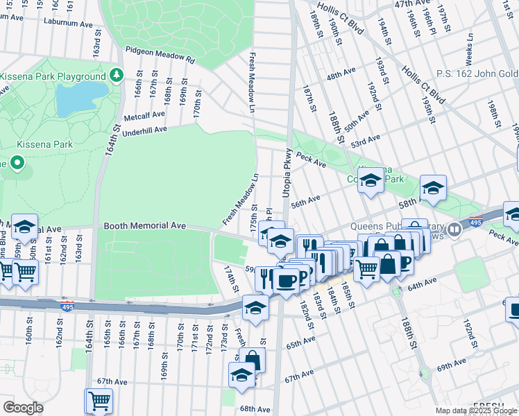 map of restaurants, bars, coffee shops, grocery stores, and more near 175-15 56th Avenue in Queens