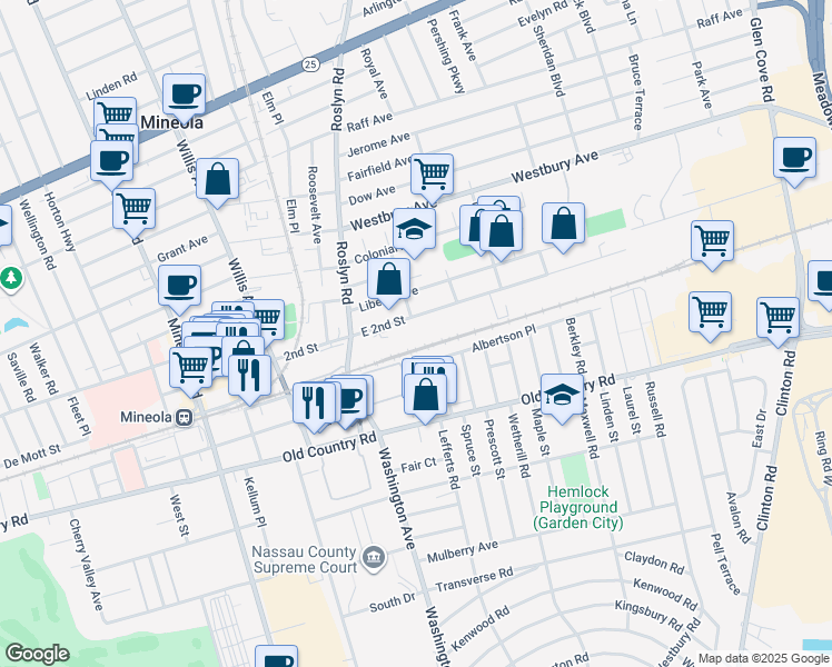 map of restaurants, bars, coffee shops, grocery stores, and more near 59-65 2nd Street in Mineola