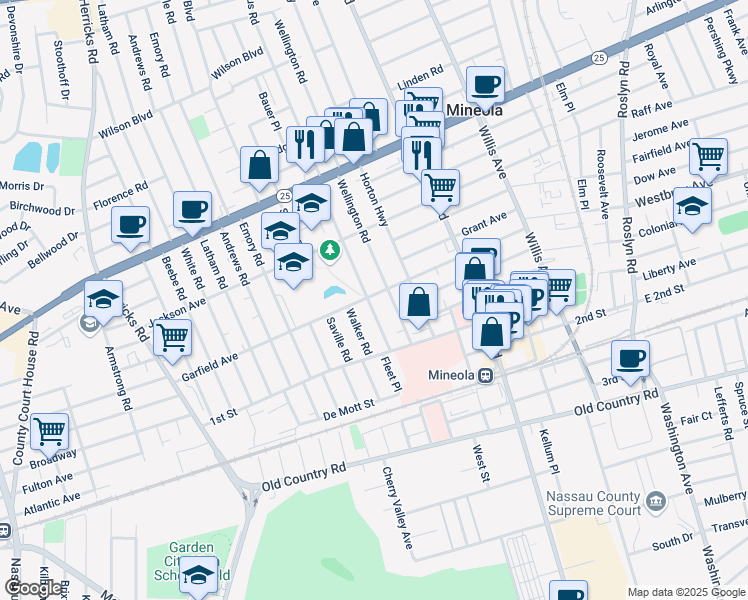 map of restaurants, bars, coffee shops, grocery stores, and more near 160 Marcellus Road in Mineola