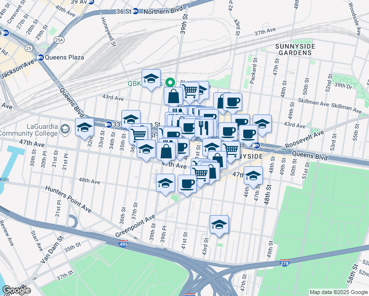 map of restaurants, bars, coffee shops, grocery stores, and more near 45-22 40th Street in Queens