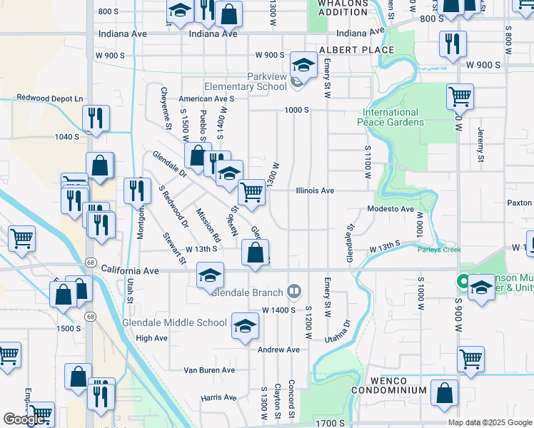 map of restaurants, bars, coffee shops, grocery stores, and more near 1188 1300 West in Salt Lake City