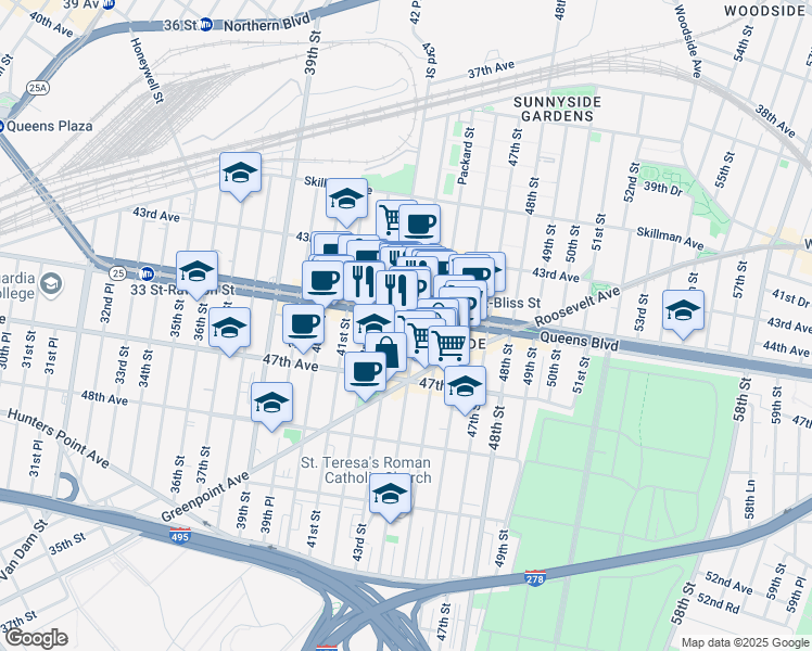 map of restaurants, bars, coffee shops, grocery stores, and more near 43-16 Queens Boulevard in Queens
