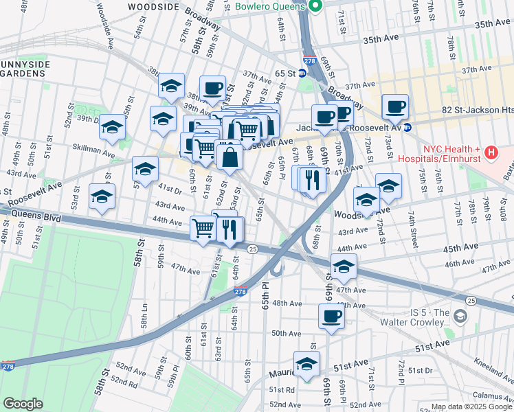 map of restaurants, bars, coffee shops, grocery stores, and more near 42-26 65th Street in Queens