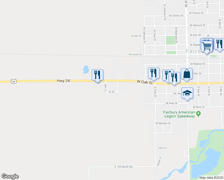 map of restaurants, bars, coffee shops, grocery stores, and more near 24 4r Drive in Fairbury