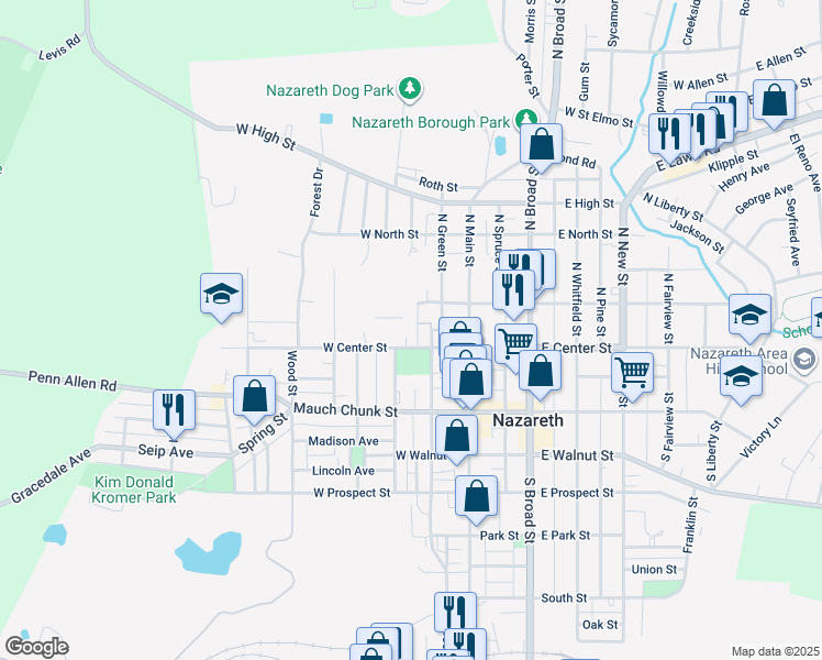 map of restaurants, bars, coffee shops, grocery stores, and more near 41 North Green Street in Nazareth