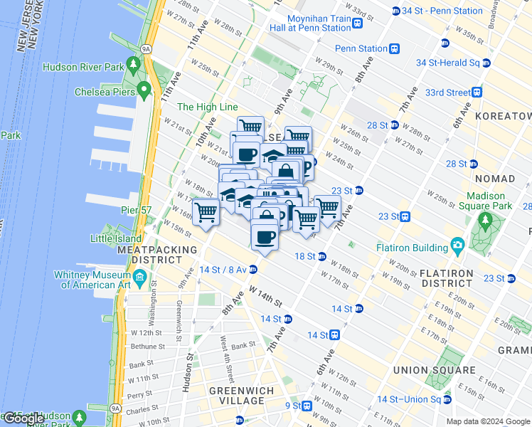 map of restaurants, bars, coffee shops, grocery stores, and more near 316 West 19th Street in New York