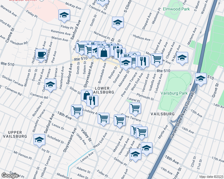 map of restaurants, bars, coffee shops, grocery stores, and more near 80 Sunset Avenue in Newark