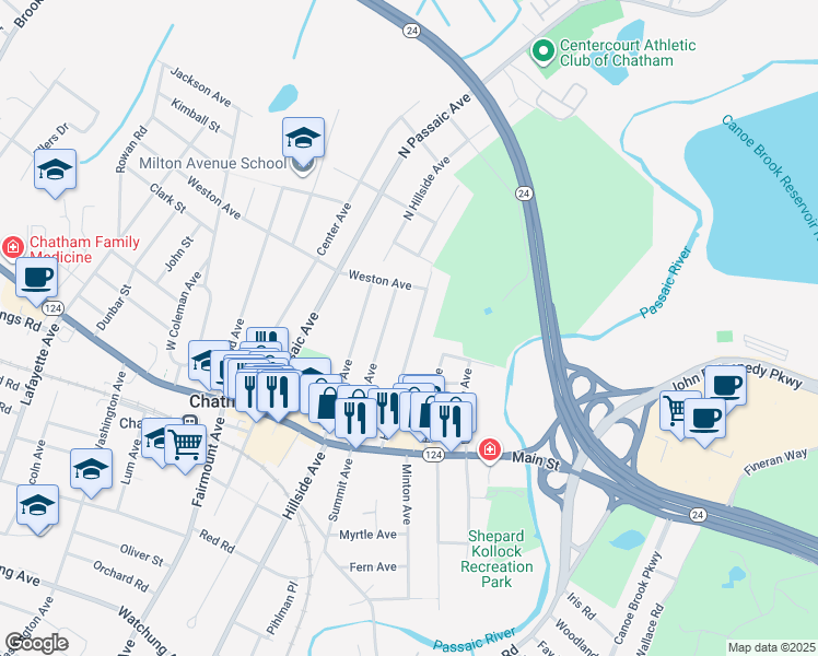 map of restaurants, bars, coffee shops, grocery stores, and more near 53 Hedges Avenue in Chatham
