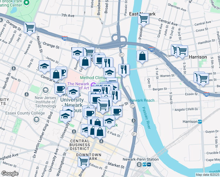 map of restaurants, bars, coffee shops, grocery stores, and more near 544 Broad Street in Newark